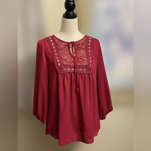 Iz Byer Red Pullover Chiffon Blouse w/Lace Top & Elastics on Sleeves (LG)